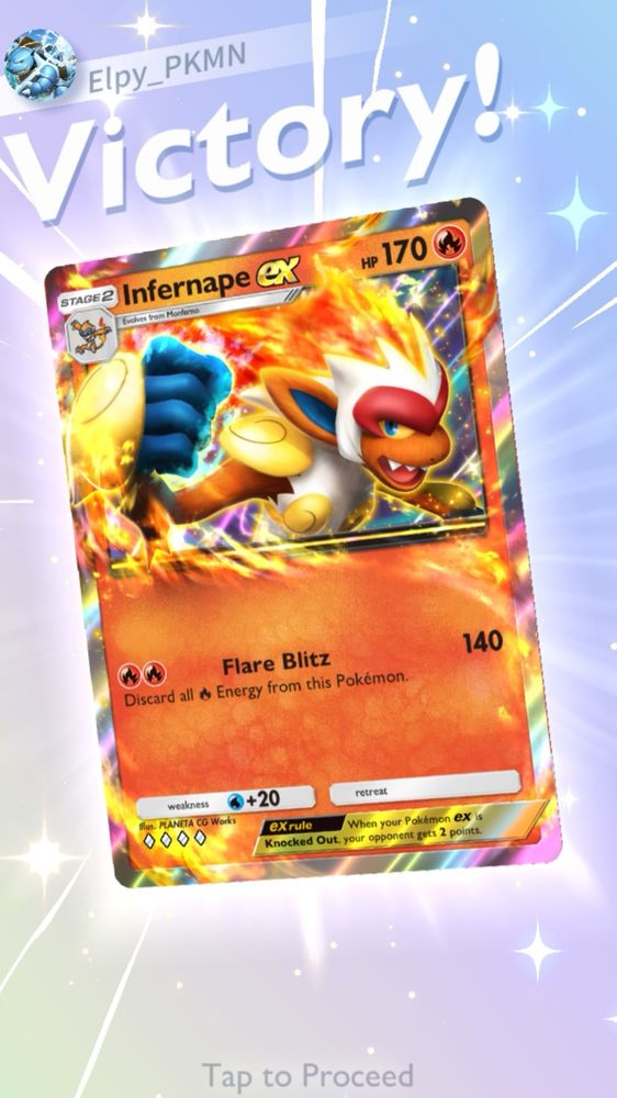 Pokemon TCG Pocket PvP Victory! screen featuring card of the game: Infernape EX