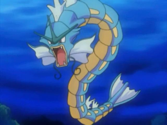 the pokemon Gyarados underwater, and in a pose resembling the Japanese character for “ri” (り)