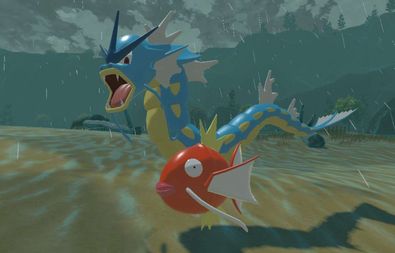 Gyarados and Magikarp doing some hoodrat shit together in Pokemon Legends: Arceus.