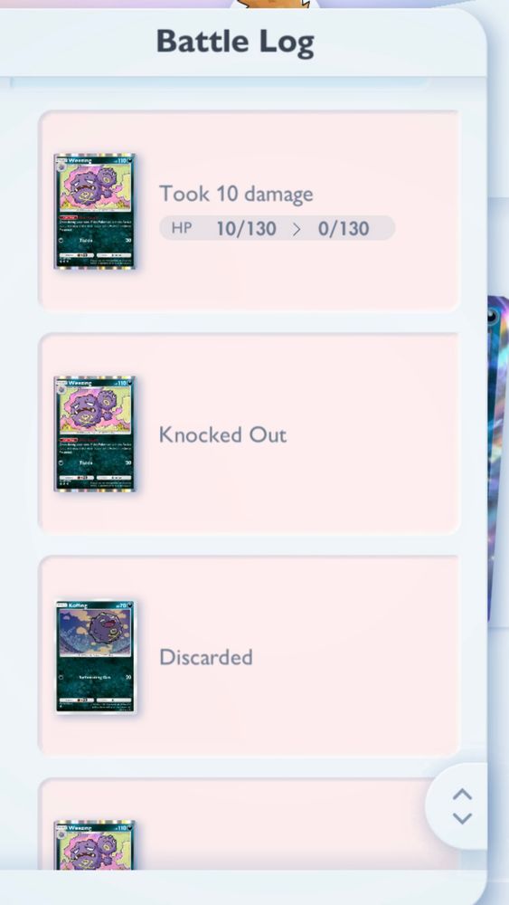 Battle Log
Took 10 damage
HP 10/130 > 0/130
Knocked Out
Discarded