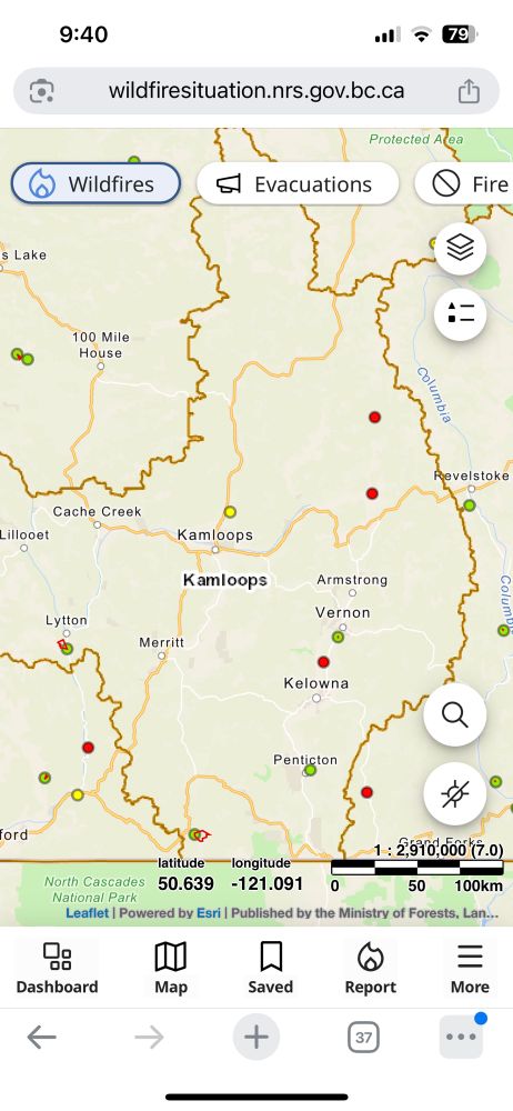 A screenshot of the BC wildfire website taken at 9:40am on August 26th. There are active wildfires near Merritt(ish), Kelowna, Penticton and Revelstoke. 