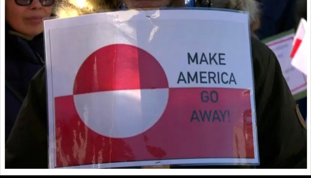A Greenland Flag with the text "Make America Go Away", from a demonstration in Nuuk 15.3.2025
Picture from dr.dk