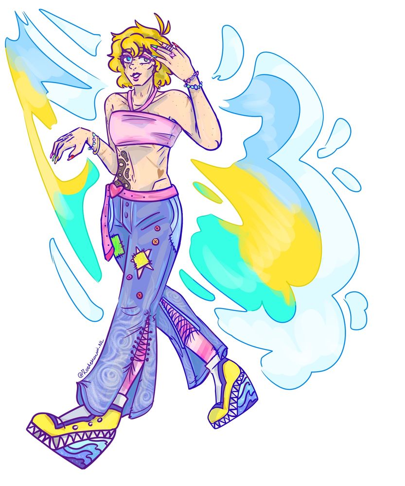 Annual Summer-Vibe drawing of Original Character 'Tom Ludijk' (he/she/they/any). 

This time adorn in blue jeans she tore and painted on with bleach. Simple Beach themed platforms & pinks. Adorn in accessories as well. A colorful splash of colors reminiscent of the beach as backdrop. 

Tldr; Very summer sunshine! 
