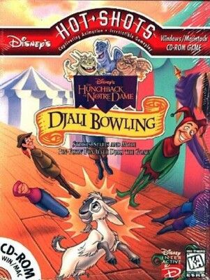 A CD-ROM cover for the game Djali Bowling. The cover has logos of Disney's Hot Shots, Hunchback of Notre Dame, and Djali Bowling itself. The art is of the goat Djali knocked a group of people and sent them flying. They all weirdly happy and smiling as to what happened.