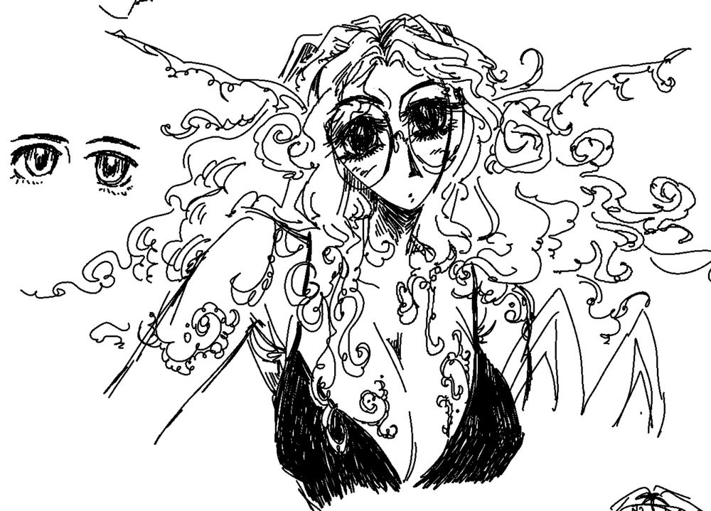 delfyne anime elf looking lady curly tattoos wild hair normal shape