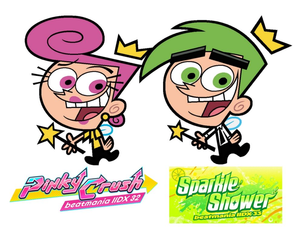 A picture of Cosmo and Wanda from the Fairly OddParents with the logo for beatmania IIDX 32 Pinky Crush under Wanda, and the logo for beatmania IIDX 33 Sparkle Shower under Cosmo