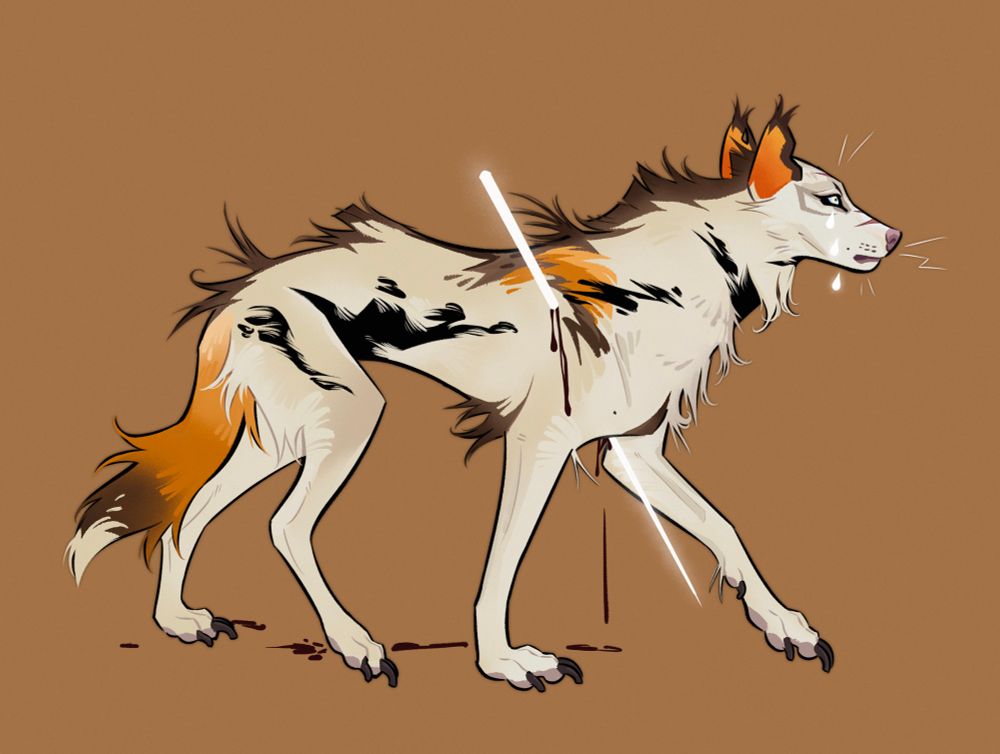 Vent drawing of my oc knight who is an arctic wolf/yote mix walking in a profile view, looking straight ahead. A glowing spear is piercing his shoulder into his chest as he *very* slowly bleeds and walks uncomfortably. There’s three glowing tear shapes falling from his very light yellow blue eye but his face is blank. His coat is mostly an off white light cream with pops of yellow-y orange and brown markings on his upper back/shoulder, tail, and ears. He has a brown dorsal stripe from the top of his head that goes down to the base of his tail. 