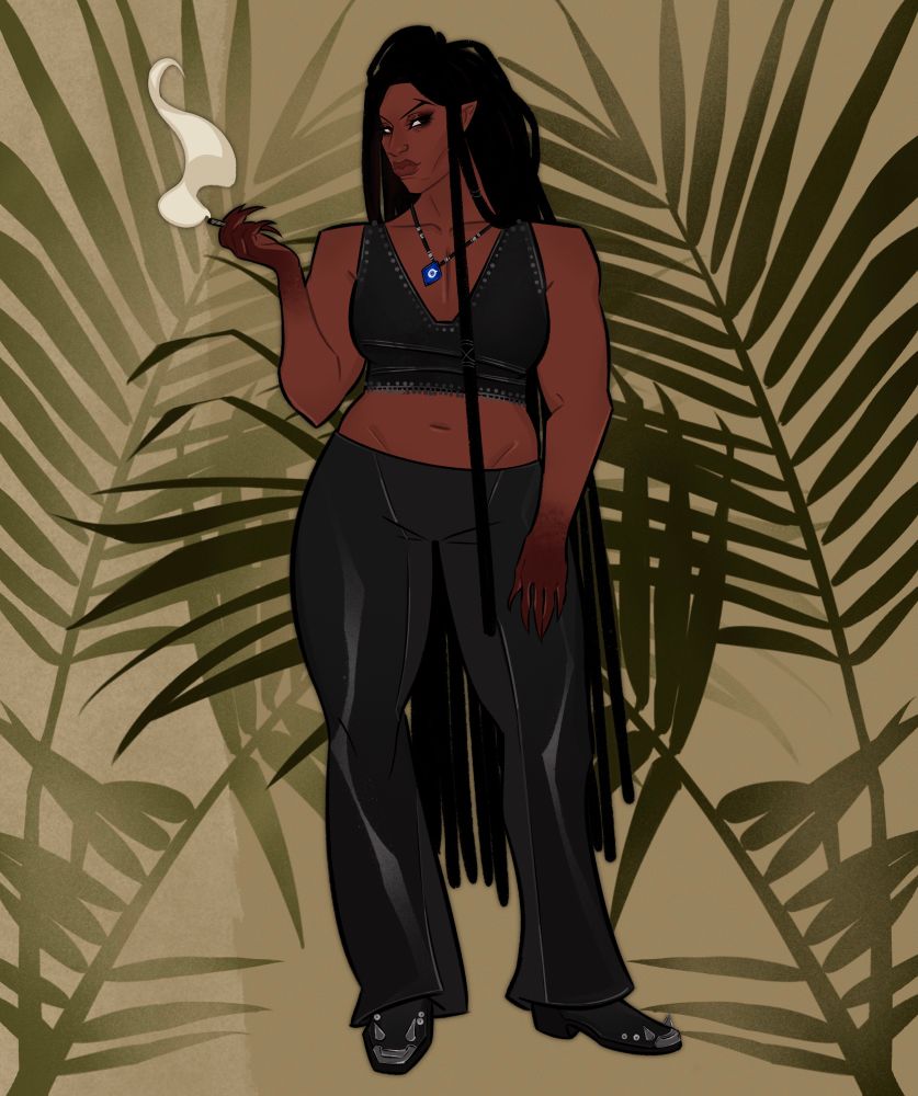 Artfight for my bestie smokeyjinn of his character roe! They’re standing holding holding a joint in their right hand. He has his face somewhat to the right side but eyes that look to the left. She’s wearing leather flare pants with cowboy like boots embellished with spikes and studs. The top is a black somewhat wrap type halter showcasing their evil eye necklace at the center of their chest. Their long locs go past her knees, one loc in front while the rest are behind. The background is an earth toned greenish yellow with two palm tree silhouettes that frame the pose.