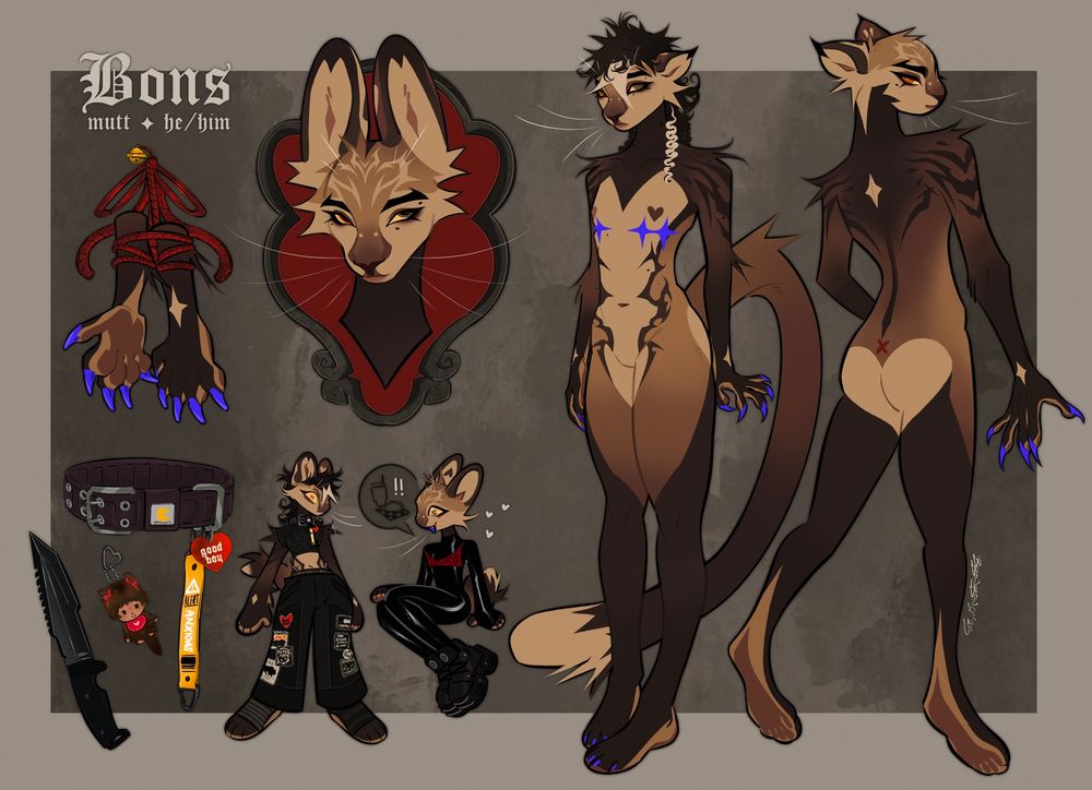 A reference sheet of my fursona. He’s a pine marten, serval, fossa(?) mix of sorts—a mutt. At the right side of the ref are two full bodies one with a front view of his design and the other the back view. His colors range from an earthy warm light to a dark Carmel. He’s got a minimal stripe pattern on his shoulders and back while his light belly is lined with a cyber sigilism like design. He’s got a mullet with long curls in the back while the other has a shaved head to show off the light markings on his head. On the left side of the sheet is a head shot of him, his paws bounded with rope, his collar (attached is a red heart tag that says good boy & a long yellow tab that says ‘anxious’), a monchhichi keychain, and a knife. There’s also two chibi like drawings of him in different outfits one is sitting excitedly talking about tacos and in a leather catsuit and a tiny red leopard print crop tank. The other is in a black invader zim baby tee of gir and wearing baggy carpenter pants with crust punk stitched patches.