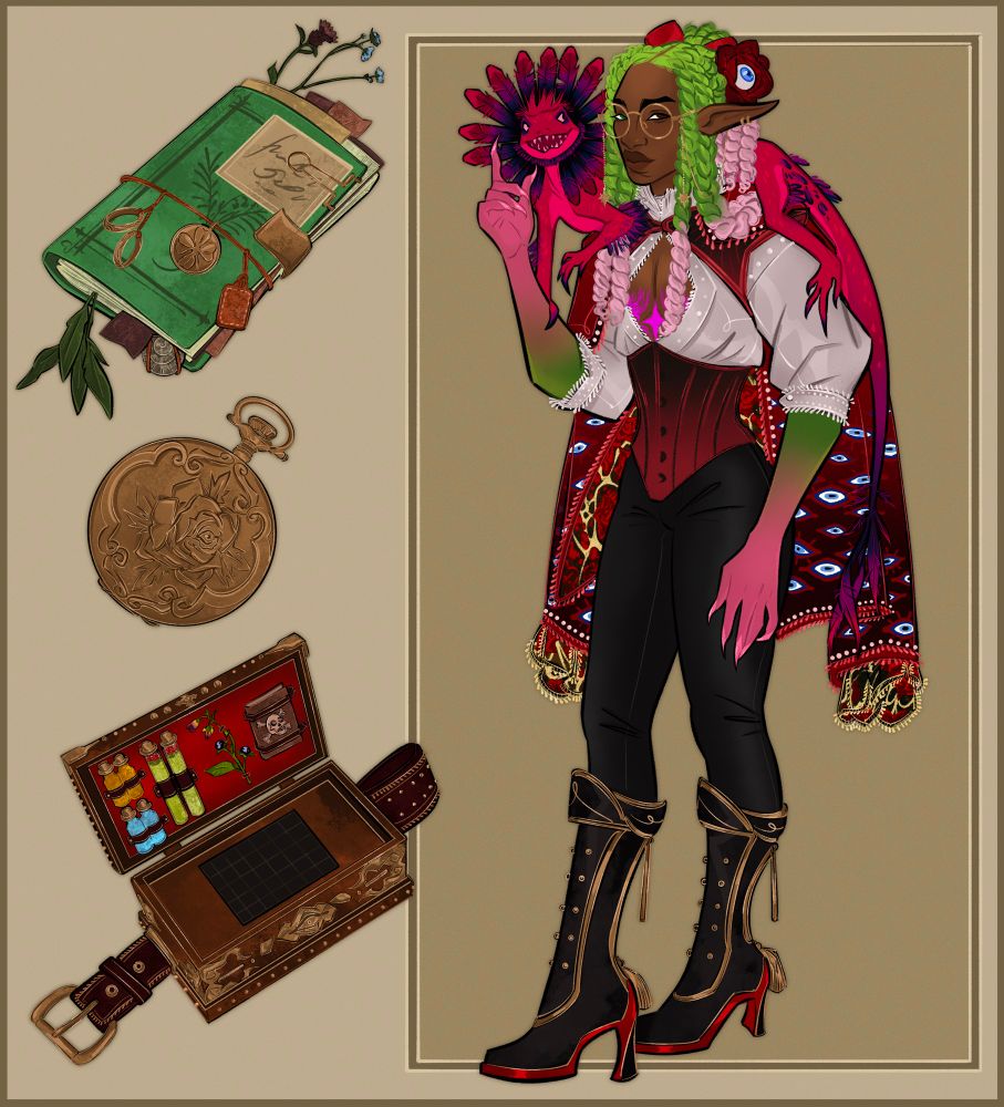 Commission piece for @ kyngvee of their character with their companion and 3 items on the side. 

The items consist of a green leather travelers journal with notes and plants sticking out from either side bond with a leather cord and tag, two gold engagement rings and a 4 leaf clover medallion hang from it. The second item is a golden pocket watch with an intricate rose engraving, an eye rests in the middle of the rose. The last item being a brown box poison kit embellished in a gold studs + design. The top inside part of the box is red velvet with many different vials securely placed, a belladonna plant, as well as a little booklet with a cross and skull. 

The character themselves is standing on the right of the piece with his right arm up while their vividly pink flinderbeast, opal, lays across their shoulders holding themselves up on the arm that’s raised. Kyrene, the black character who is the focal point of the piece, is similar to the vibe of a Venus fly trap when it comes to pink and green coloring in his two strand twists pulled in a pony tail and their arms. Their outfit consists of an open chest pinkish white blouse with light detailing while the coat over his shoulders is nothing short of maximalist. The colors ranging from a black to red with an eye pattern fading upwards while the inside of the coat is almost like a red, black, and gold oil spill of flowers. The coat is heavily embellished in frills and pearls. The corset at their waist is also a red to black ombré but the opposite direction of the coat. Paired with leather pants and stunning black boot heels with red bottoms and gold lining, tassels, and studs.