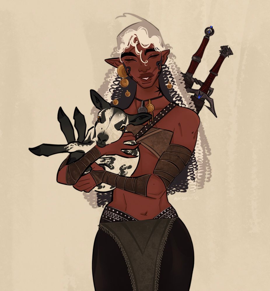My Witcher oc, Harlow, holding a baby lamb. An open lovingly smile with his eyes closed while somewhat cradling the lamb on its back in his arm. 

The lambs limbs are all piled together like a curled up shrimp. Their white wool has black markings along the face and body, their legs are black as well. Harlow’s tricolored hair (white, light grey, very dark grey) holds a few gold pieces in his waist length curls he also wears a very large circular gold earring on his right, undamaged, ear. (his other ear cut clean, an old and healed wound) Wearing his School of Wolf medallion along with a gold piece behind it, the necklace itself is fitted like a choker. He wears both his Witcher swords on his back the strap going over his chest. He’s wearing leather arm wraps down to his wrists, a suede wrap top that only covers his chest, and black leather pants with a grey green skirt that lays in the middle. His brown skin showing hardly any scars only peaks from where his clothing is blocking most of them besides the few that litter his face. There’s a star like tattoo on the left of his neck, a family sigil.