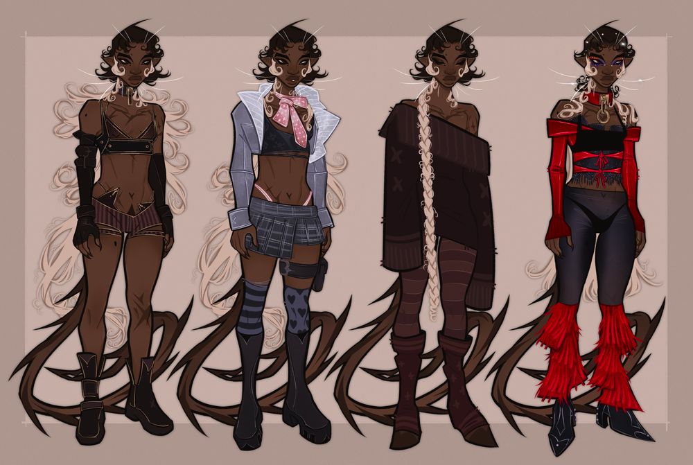 A paper doll line up of my character Gren in a variety of outfits. 

He’s of dark complexion with hair that swoops down to his ankles. His hair is a dark brown blunt cut at his neck while the white of his hair has much length and also curls at his jawline. He’s a got a handful of scars; on his left knee, on the right of his abdomen, a heart shaped one around his chest, star shaped ones on his left arm and two V shaped under his eyes. He has an unreadable expression his eyes a dark brown and the others lighter brown with a blue-ish white pupil. 

The line up consists of 4 outfits the first being purple striped short shorts and a dark strap-y halter like top with mesh at his chest. Both arms have long dark fingerless gloves. He wears comfy big boots that go past his ankles. A dark purple collar tight around his neck with gold hardware. The second outfit is lavender with accents of a pastel pink. He has a tie tied in a bow around his neck, a dark lavender cropped tank, a plaid grey lavender skirt w his V string showing, & high platform boots. His socks are mismatched, one striped the other with hearts. Also wearing a holster on his left thigh. The third outfit is an oversized dark burgundy sweater going off his shoulder and passes his hands, looks extra cozy. He’s wearing muted burgundy leggings that are striped and a little darker socks to match. He has his hair braided and his eyes closed. The last outfit is a stark red with blackish blue. A thick red collar with gold hardware around his neck. The outfit consists of an embellished lace cami with a red long sleeve shrug that ties twice at his middle and on top lays a simple black bralette. The blackish blue tights are sheer paired with fluffy red leg warmers and embellished black blue heels. His hair is a wet type look of messy curls clinging to his shoulders and chest and adorned with pearls. His makeup is a vibrant red and blue with a few pearls on his eye lids, below his eyes, and the corner of his eyes as well.