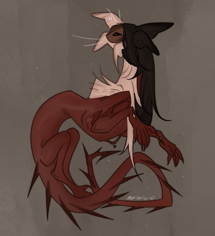 A doodle of my character gren in his monster form. He has an abnormally long neck draped in long two toned off white and dark brown hair. His fleshy red body is somewhat contorted into a sleek curved pose his spiked tail looped around one side hitting the floor and going back up. He has a kitty like face with six wings surrounding his head half are off white the other half are a dark brown. One of the off white wings as a light colored eye that’s staring.