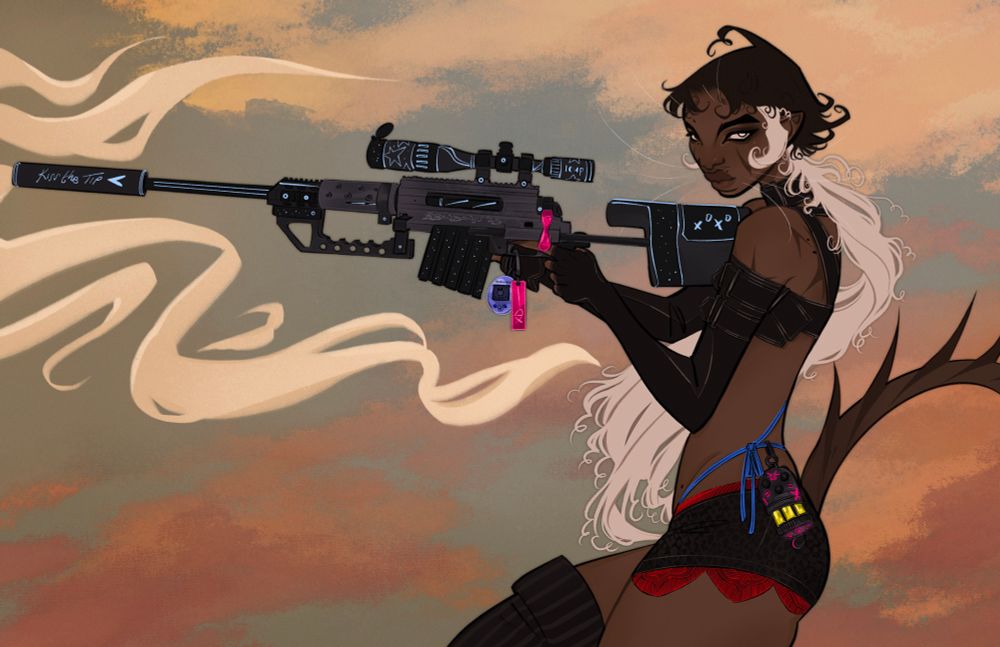 A landscape shot of my oc, gren, who has just shoot his sniper while standing with an early morning sky behind him. 

His dark skin is littered with a few scars peaking out from his clothes besides the two ‘v’ like cuts on either side of his cheeks, below his eyes. Spiked tail arched behind him. His softly curled hair whips in the breeze behind him, it’s dark brown on top and white from his slightly pointed ears down (besides the curl of white hair that curves at his cheek). He’s looking at the viewer with a quietly satisfied look on his face. His eyes are brown and the other is a darker brown but with a very light blue translucent pupil. His outfit consists of long black gloves that go from below his shoulder to his knuckles, a strapped under bust that barely covers anything, along with leopard print short shorts with red detailing, and a blue v string that goes up his hip and has a bomb clipped to it, with a cat like emote drawn on it and little paw prints. He also wears a singular thick thigh high leg warmer that’s black with grey stripes. His sniper is a grey blue with black blue accents. It has a tamagotchi attached near the trigger along with a vividly pink tab that says ‘XD —‘. Similar to the bomb he also has his drawings/writing on the sniper which include some stars, ‘xoxo’ at the end, ‘icup’ at the scope, and ‘kiss the tip’ with a heart on the silencer.
