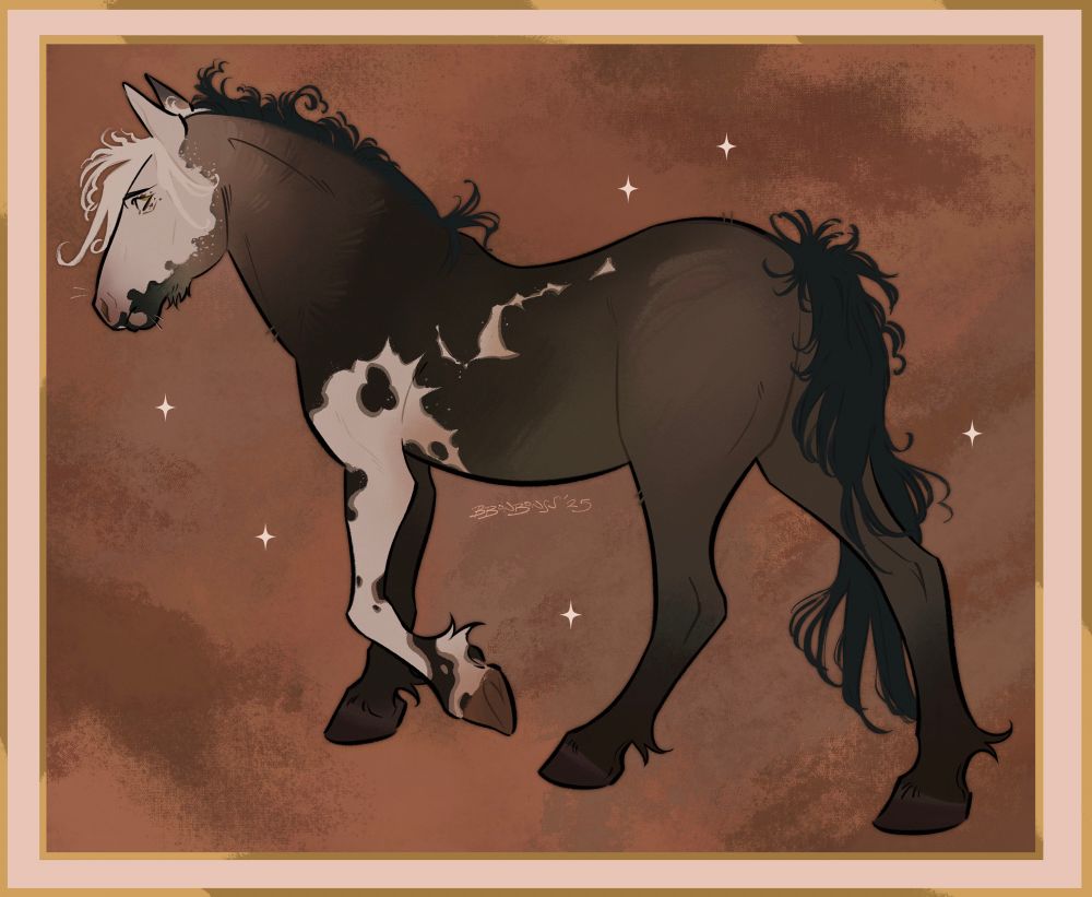 A mustang walking away from the viewer. Their coat color a beautiful sooty silver grullo pintaloosa with a stocky build. His golden colored eye is looking back while his head is forward. The breeze is somewhat blowing at the base of his dark tail. His white marking is only on the left side going up one leg and up over his body. Has a bald face marking with a pink nose. The bg is simple orange-y earth toned textured coloring with a few solid small white diamond shapes around him the piece is also bordered with white and gold trim.