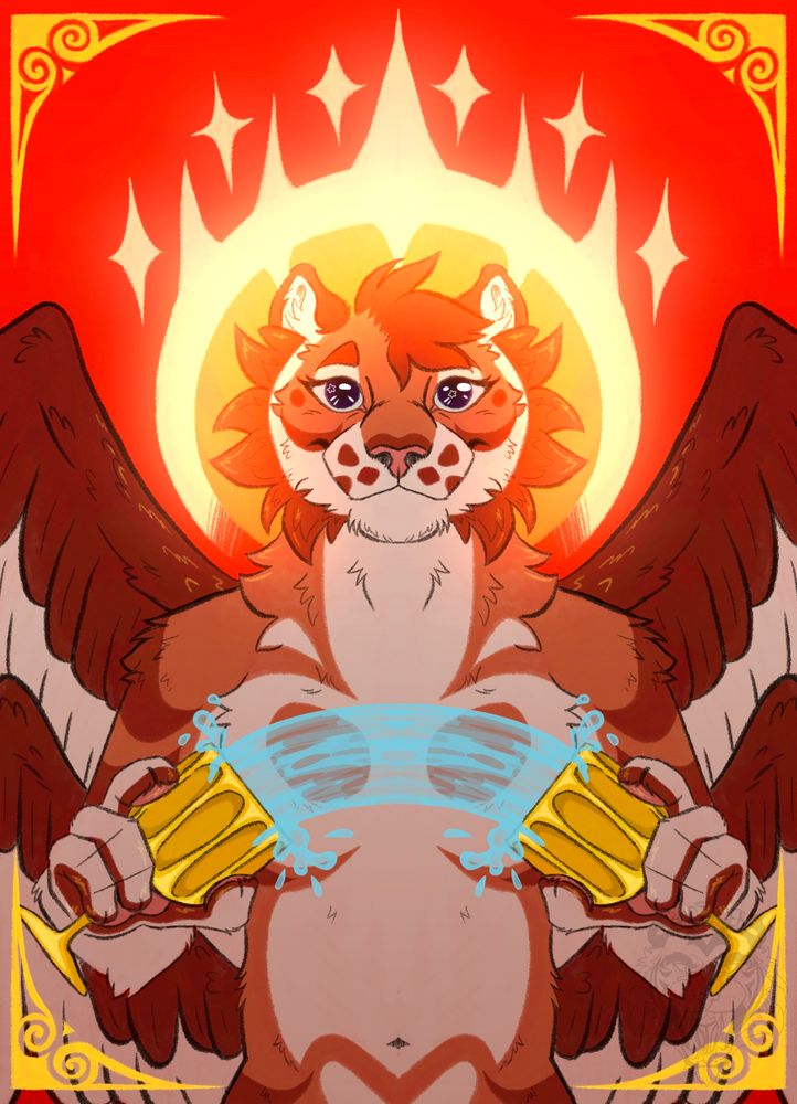 A half body of a strawberry tiger with angel wings and a halo with a few stars on it holding two golden cups pouring water into each other. A reference towards the Temperance tarot card