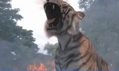 a close up of a tiger with its mouth open and trees in the background