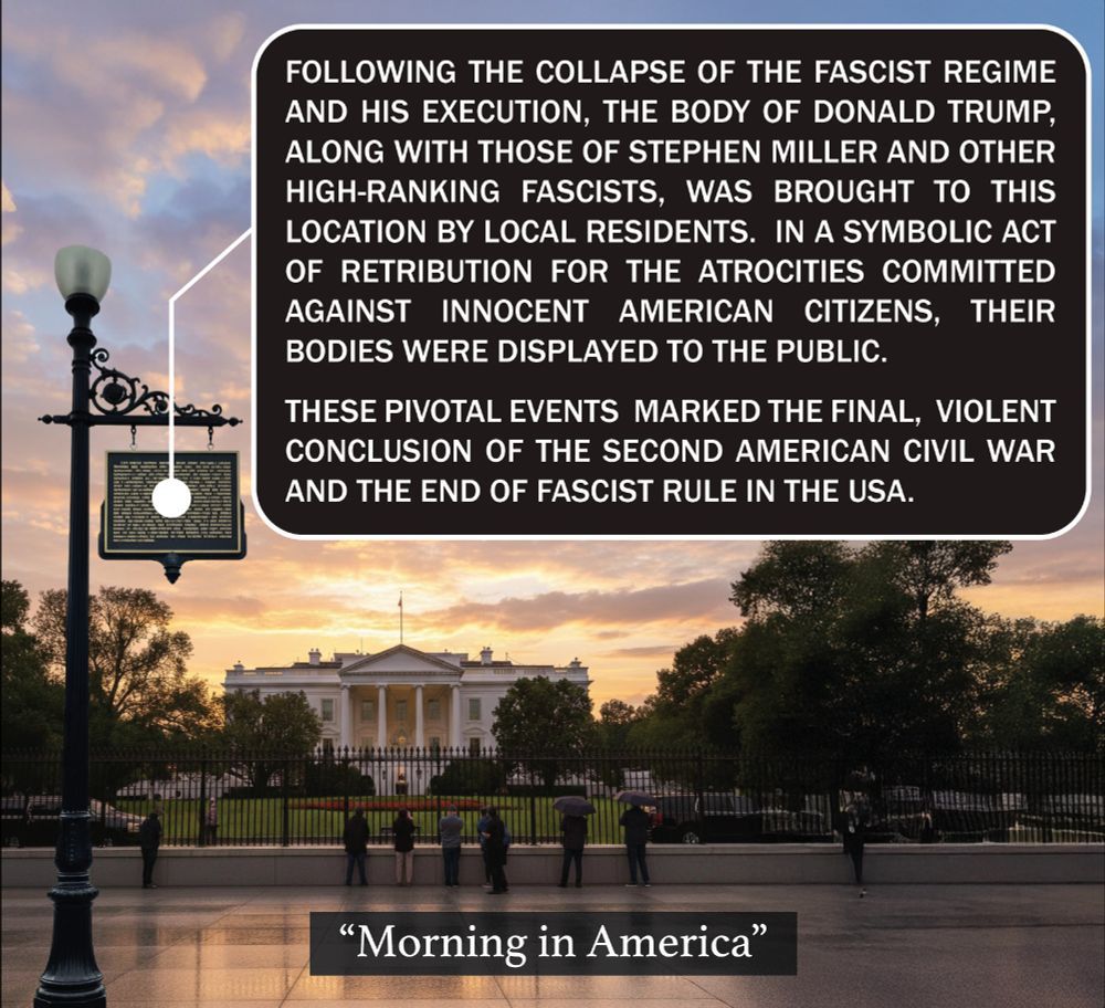 A photo of the White House on a beautiful dawn, with a lamppost in the forground, with a plaque hanging from it that says:  FOLLOWING THE COLLAPSE OF THE FASCIST REGIME
AND HIS EXECUTION, THE BODY OF DONALD TRUMP,
ALONG WITH THOSE OF STEPHEN MILLER AND OTHER
HIGH-RANKING FASCISTS, WAS BROUGHT TO THIS
LOCATION BY LOCAL RESIDENTS. IN A SYMBOLIC ACT
OF RETRIBUTION FOR THE ATROCITIES COMMITTED
AGAINST INNOCENT AMERICAN CITIZENS, THEIR
BODIES WERE DISPLAYED TO THE PUBLIC.
THESE PIVOTAL EVENTS MARKED THE FINAL, VIOLENT
CONCLUSION OF THE SECOND AMERICAN CIVIL WAR
AND THE END OF FASCIST RULE IN THE USA.
"Morning in America"