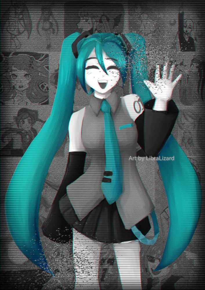Digital painting of Hatsune Miku waving infront of a collage of other Mikus. The piece is monochrome except for her hair and accessories which are coloured teal.
There's a heavy noise filter, scanline and chromatic aberration overlayed on top. 