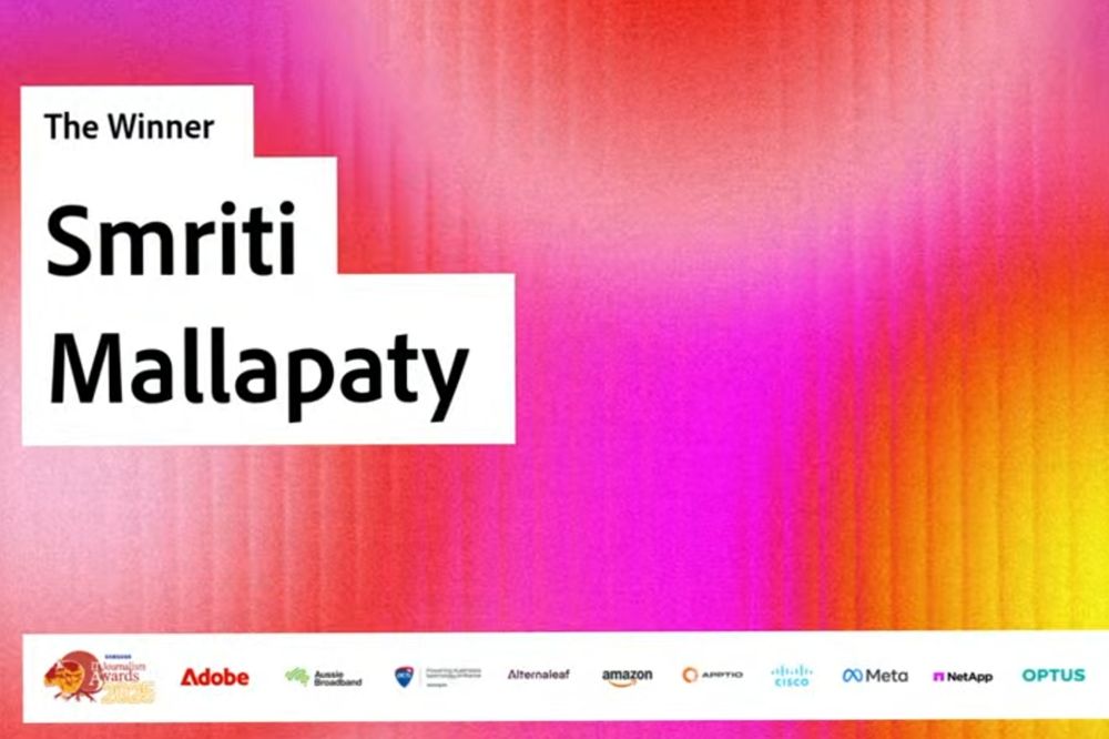 "The winner: Smriti Mallapaty" is presented on a pink red and yellow background 