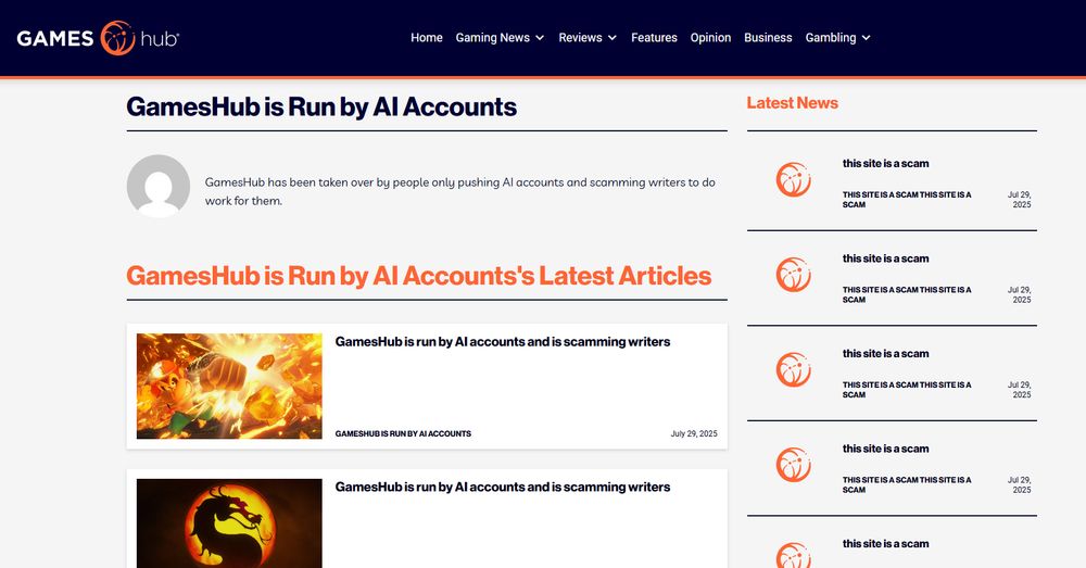 screenshots of the gameshub website where everything says "gameshub is run by AI accounts"