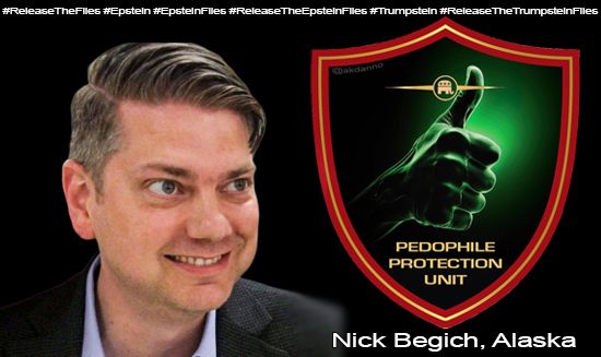 Nick Begich, gleeful in his new role as an official member of the GOP Pedophile Protection Unit. Shown alongside an enlargement of his very own official PPU lapel pin, a green thumbs up and the true GOP logo with swastikas instead of stars. Along the top are hashtags #ReleaseTheFiles #Epstein #EpsteinFiles #ReleaseTheEpsteinFiles #Trumpstein #ReleaseTheTrumpsteinFiles. Missing is any hint of morality.