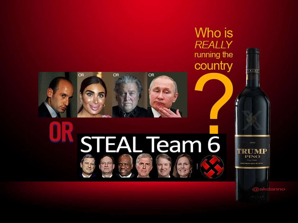 a bottle of trump PINO (president in name only) red russian whine is accompanied by photos of steven miller, laura loomer, steve bannon and pootie, along with a group photo of steal team six, supreme court members roberts, alito, thomas, garland, kavanaugh and coney barrett. 