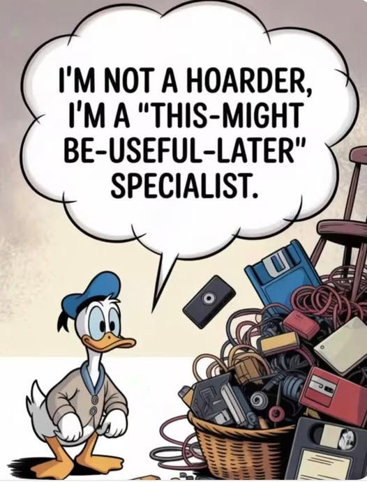 Donald Duck looking at a basket full of electronics (?) and saying 