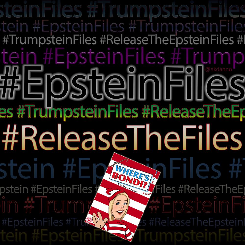 The words #Epstein #Trumpstein #EpsteinFiles #TrumpsteinFiles #ReleaseTheEpsteinFiles #ReleaseTheTrumpsteinFiles are repeated across a black background, along with a cover of the new book, 