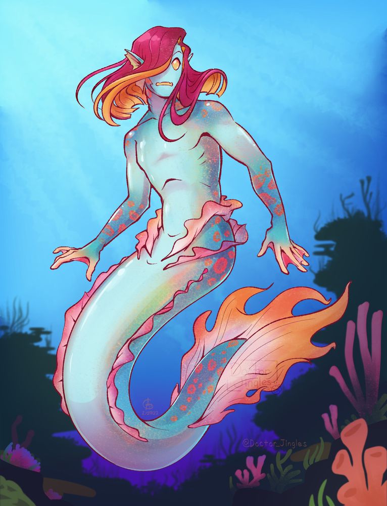 A teal and light blue Merman with pink and orange fins and spots. His hair is also a vibrant magenta pink with orange underdye. He is underwater in a coral reef. He looks off to his left, slightly alarmed. 