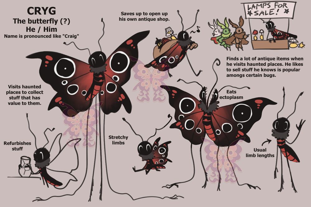 Image shows an illustration with multiple drawings of a tall, lanky butterfly like creature.