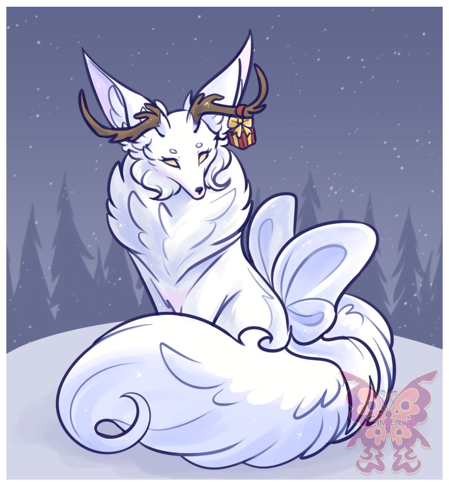 Image shows an illustration of a white fox with horns sitting in a snowy landscape.