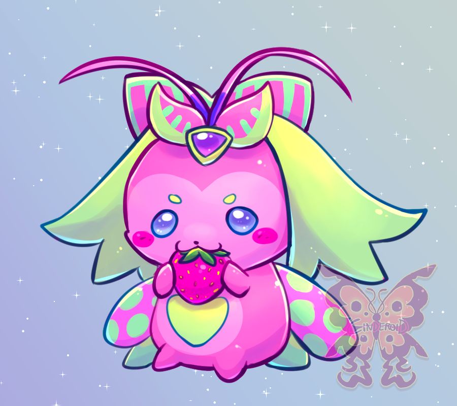 Image shows an illustration of a small, bug like creature happily eating a pink strawberry. The background is a soft gradient with some sparkles.