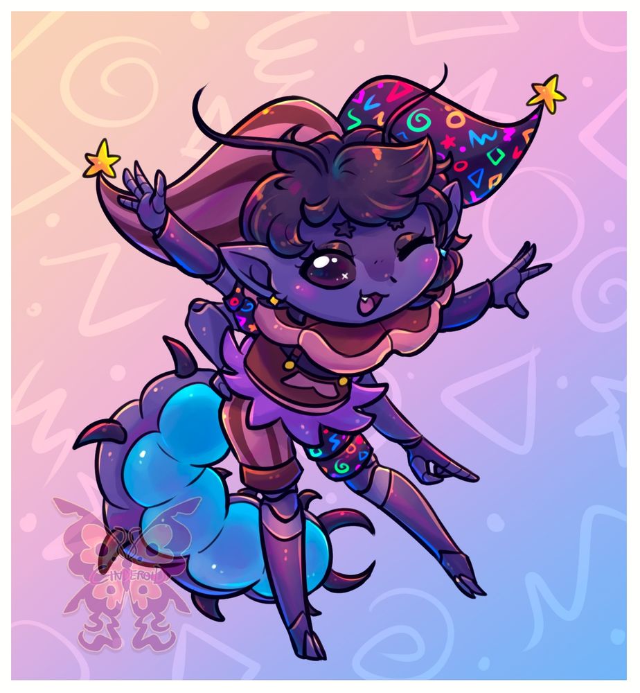 Image shows a purple humanoid centipede doing a cheery pose. He's wearing jester like clothes with scribble like patterns on them.