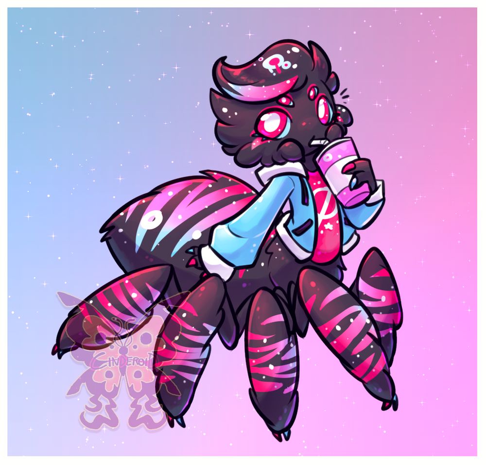 Image shows an illustration of an anthropomorphic spider with vibrant colours drinking some soda.