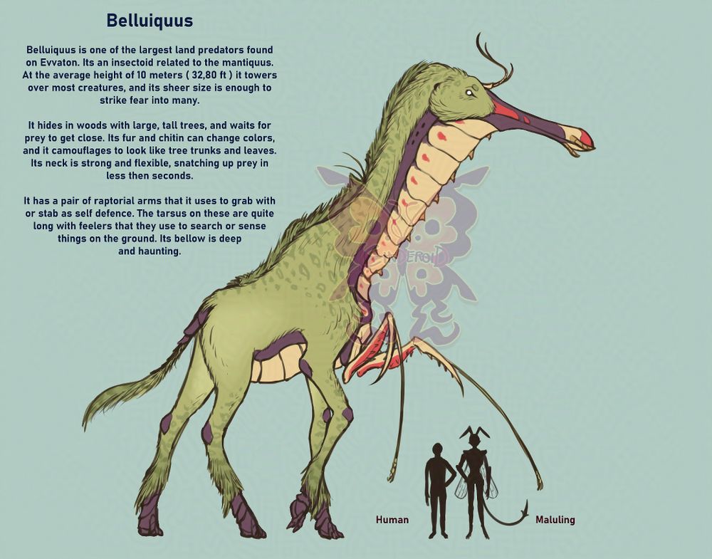 Image shows a tall creature with a body similar to a giraffe and a head similar to a crocodile. Two silhuettes of a human and another creature stand below it for size comparison.