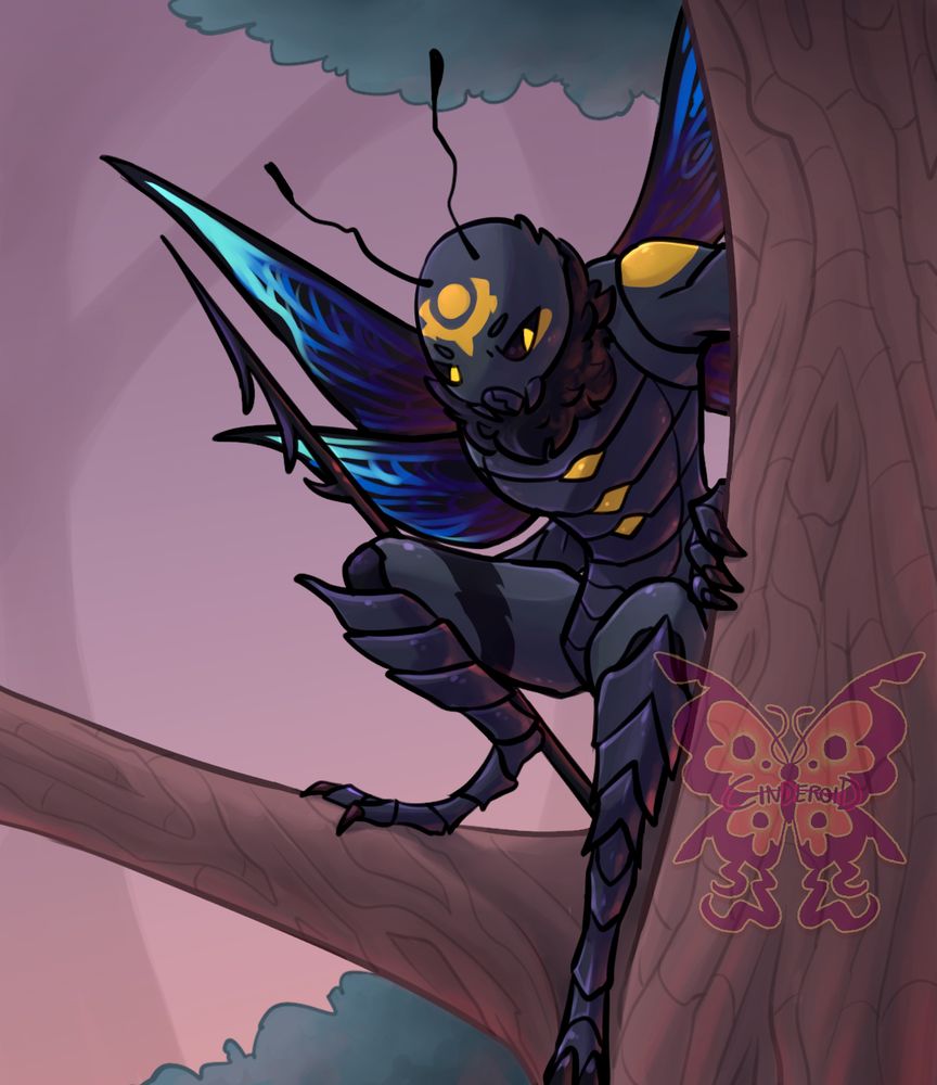 Image shows an illustration of an anthropomorphic wasp lurking in a tree, looking down at something. He's holding a spear, and looks ready to jump down. You can faintly see some other trees in the background.