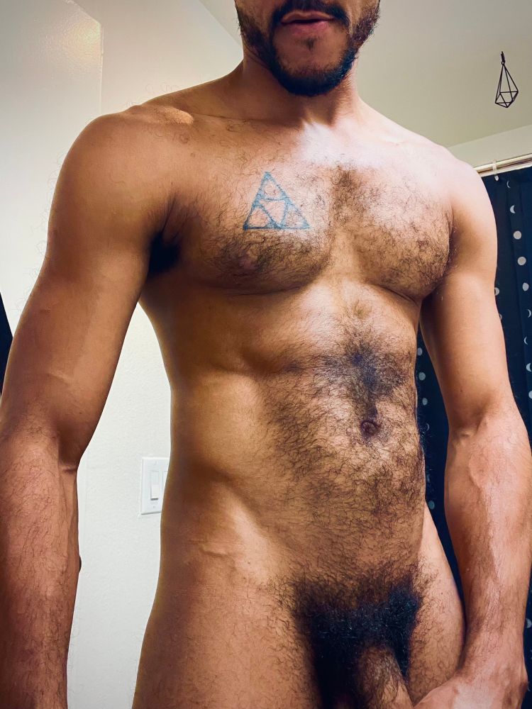 Just me posing in my bathroom naked sporting full bush and the base of my shaft 
