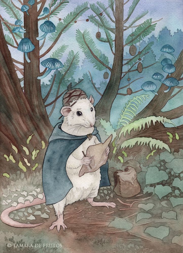 Dibujo a lápiz y acuarela de una rata blanca con un sombrerito del culete de una piña, una capa azulada y un lápiz en la oreja. Entre las manos sostiene un plano y un lápiz, al lado de su pie izquierdo hay una mochila tipo petate y de fondo se adivinan las ramas de Sequoia Madre, el gran árbol pen el que vive. En las ramas hay setas azuladas y algunas decoraciones de móviles sonoros