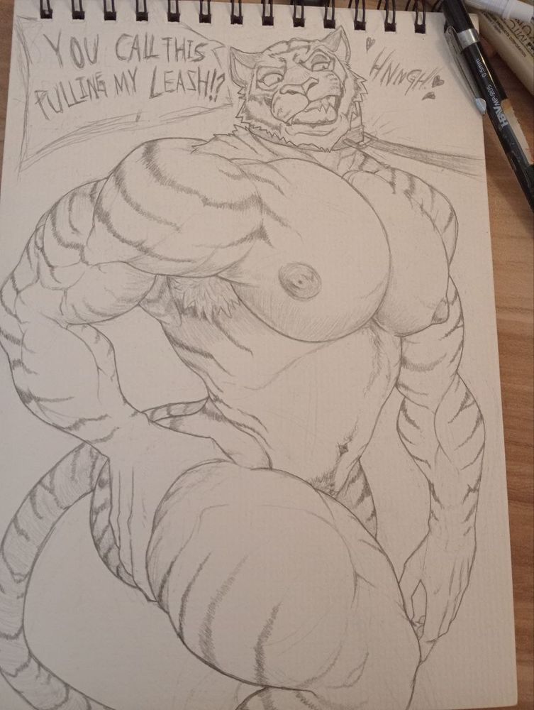 Sketch of Oscar from Fortnite, fully muscular and naked with him wearing a leash, disgruntled from being yanked by the neck but secretly enjoying it.
