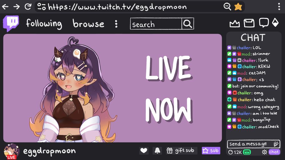 A mockup of the Twitch screen that has Moon's OC and says "Live Now" in the middle. 