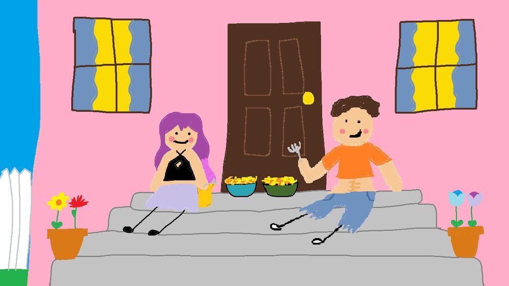 A scuffed drawing of Moon and MrSantaGoesHome sitting on a stoop eating macaroni.