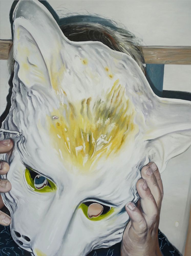 Mireille Blanc, Léonard au masque, 2024, huile sur toile, 200 x 150 cm