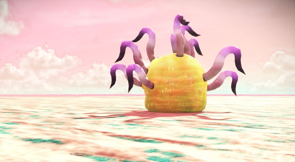 Goofy looking creature from No Man's Sky with a yellow body and purple tentacles. 