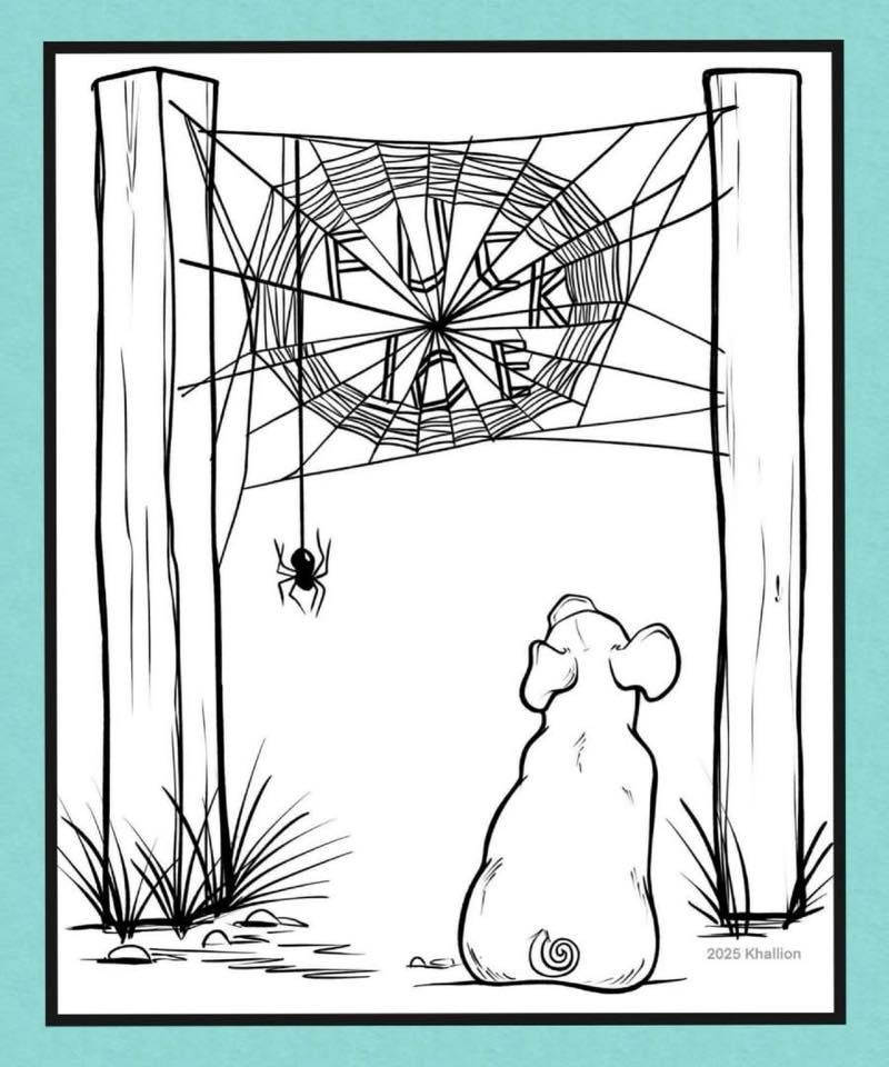 Fuck ICE written in a spider web with a pig looking up at it. 