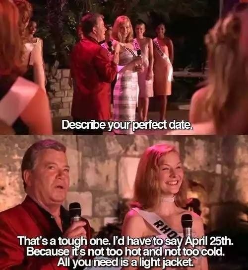MC: Describe your perfect date.
Rhode Island: That's a tough one. I'd have to say April 25th. Because it's not to hot and not too cold. All you need is a light jacket. 