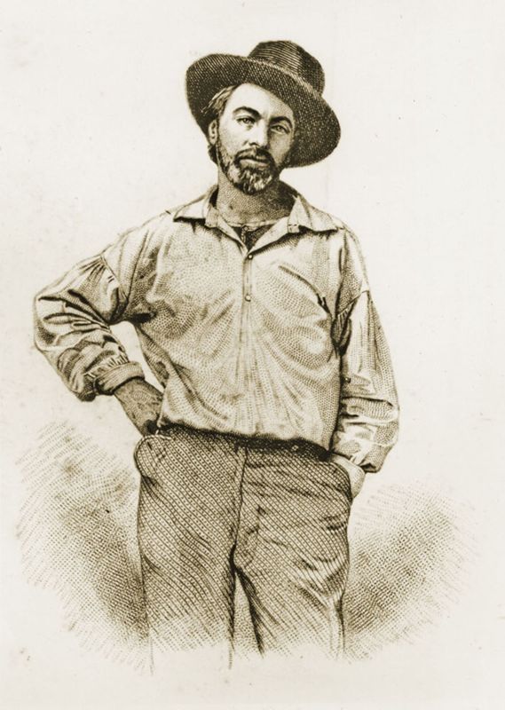Iconic engraving of a photo of Walt Whitman. He is dressed casually, head tilted, wearing a hat, hands in pockets 