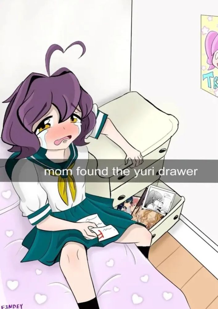 purple haired magical girl crying looking at camera while sitting on the edge of her bed holding a grade report with F and a open drawer next to her bed full of yuri and girls kissing 