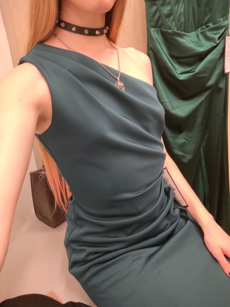 blue green pine colored dress, one shoulder strap