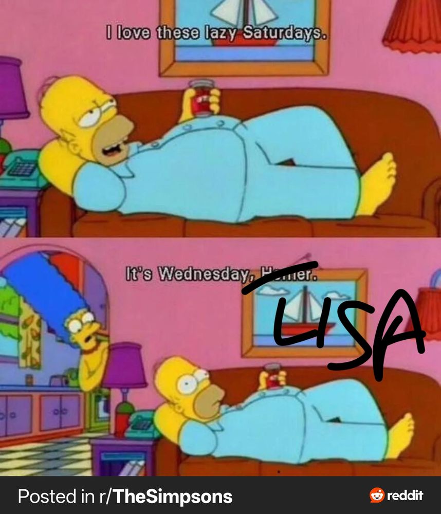 Top drawing Homer Simpson lying on the couch holding a beer captioned, I love these lazy Saturdays

Bottom drawing, caption Marge pokes her head round the corner "It's Wednesday, Homer" but Homer is crossed out and LISA is amateurishly scrawled.

Homer looks shocked.